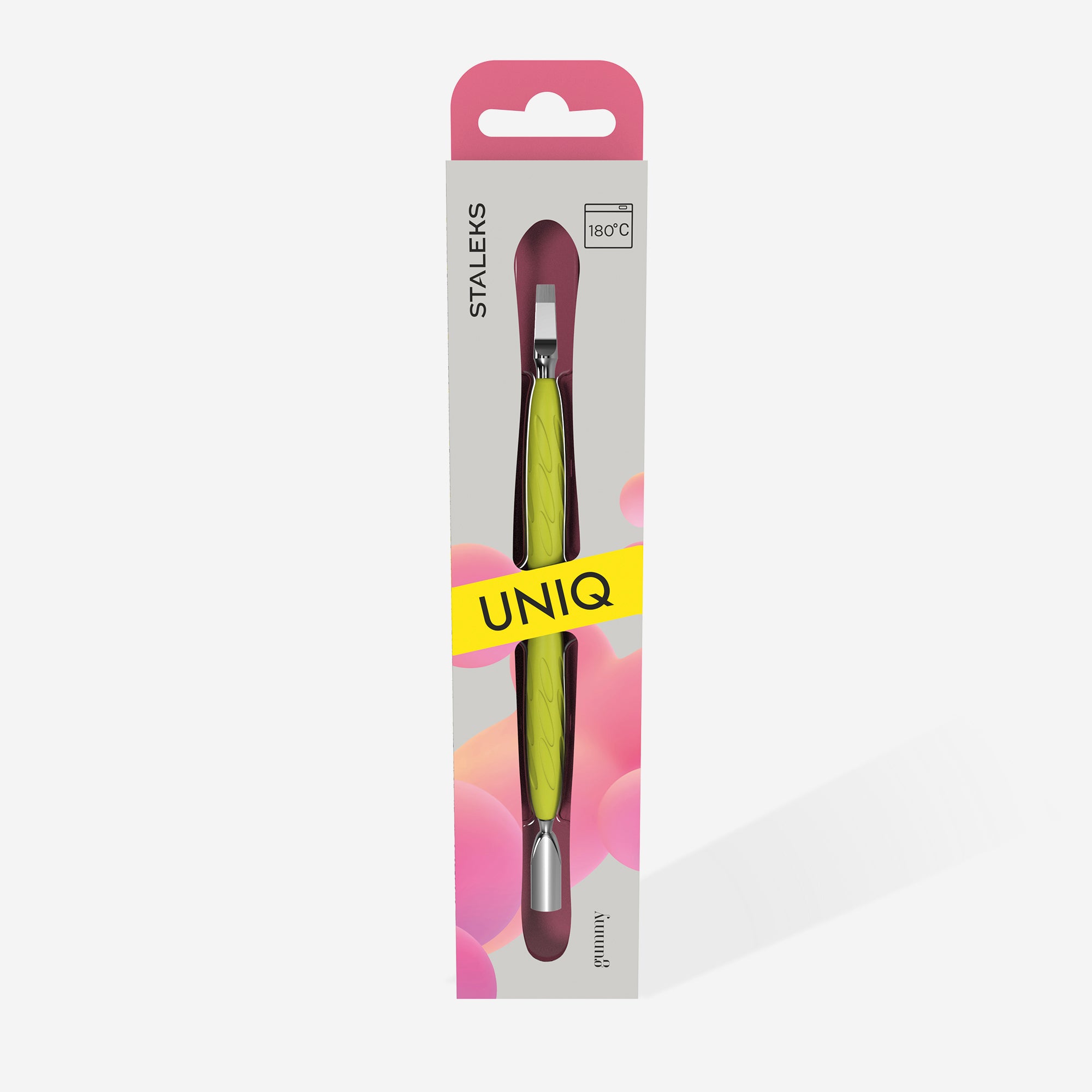 Manicure pusher Gummy with yellow silicone handle UNIQ 10 TYPE 5 (rounded narrow pusher and straight blade)