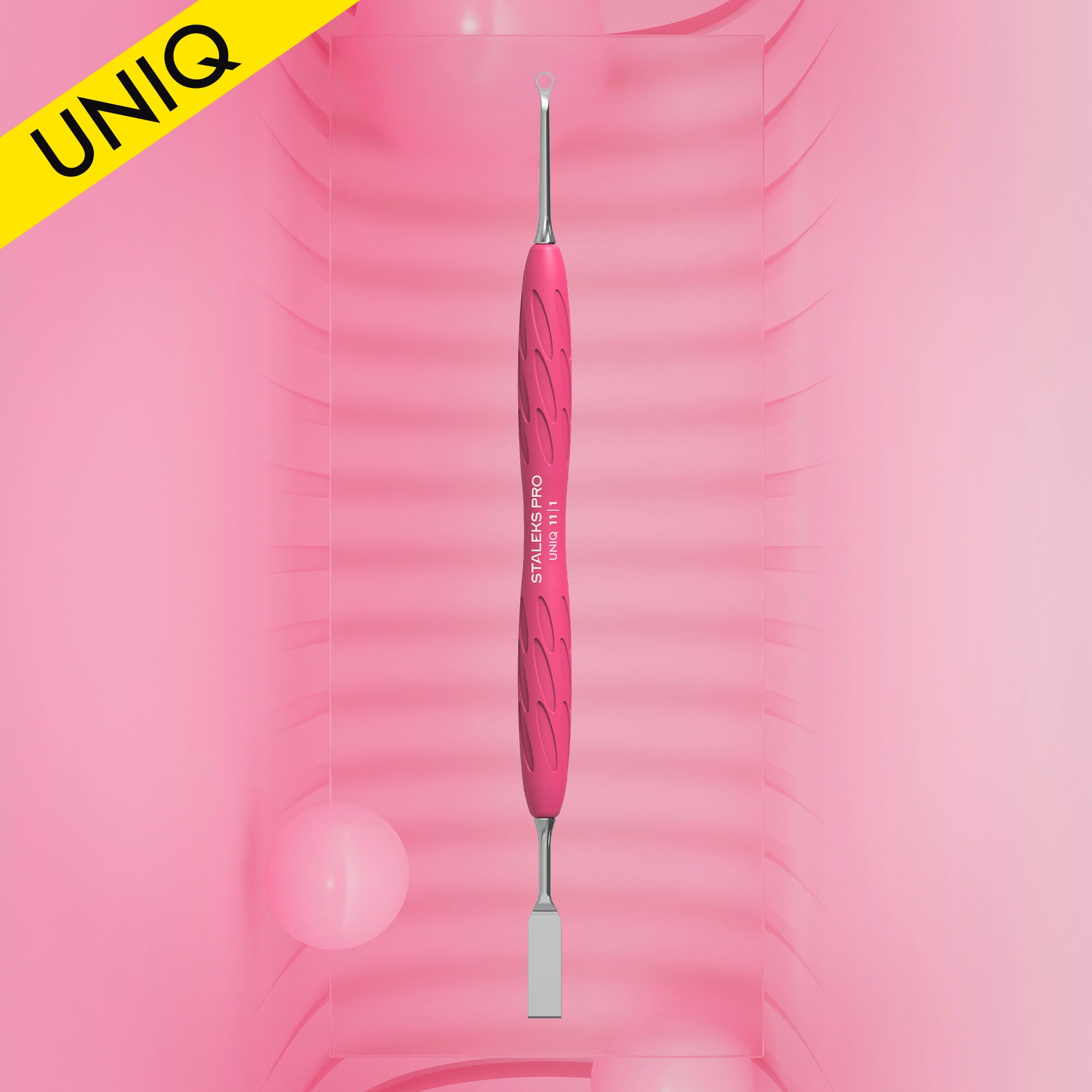 Manicure pusher Gummy with yellow silicone handle UNIQ 11 TYPE 1 (straight flat and loop pusher)