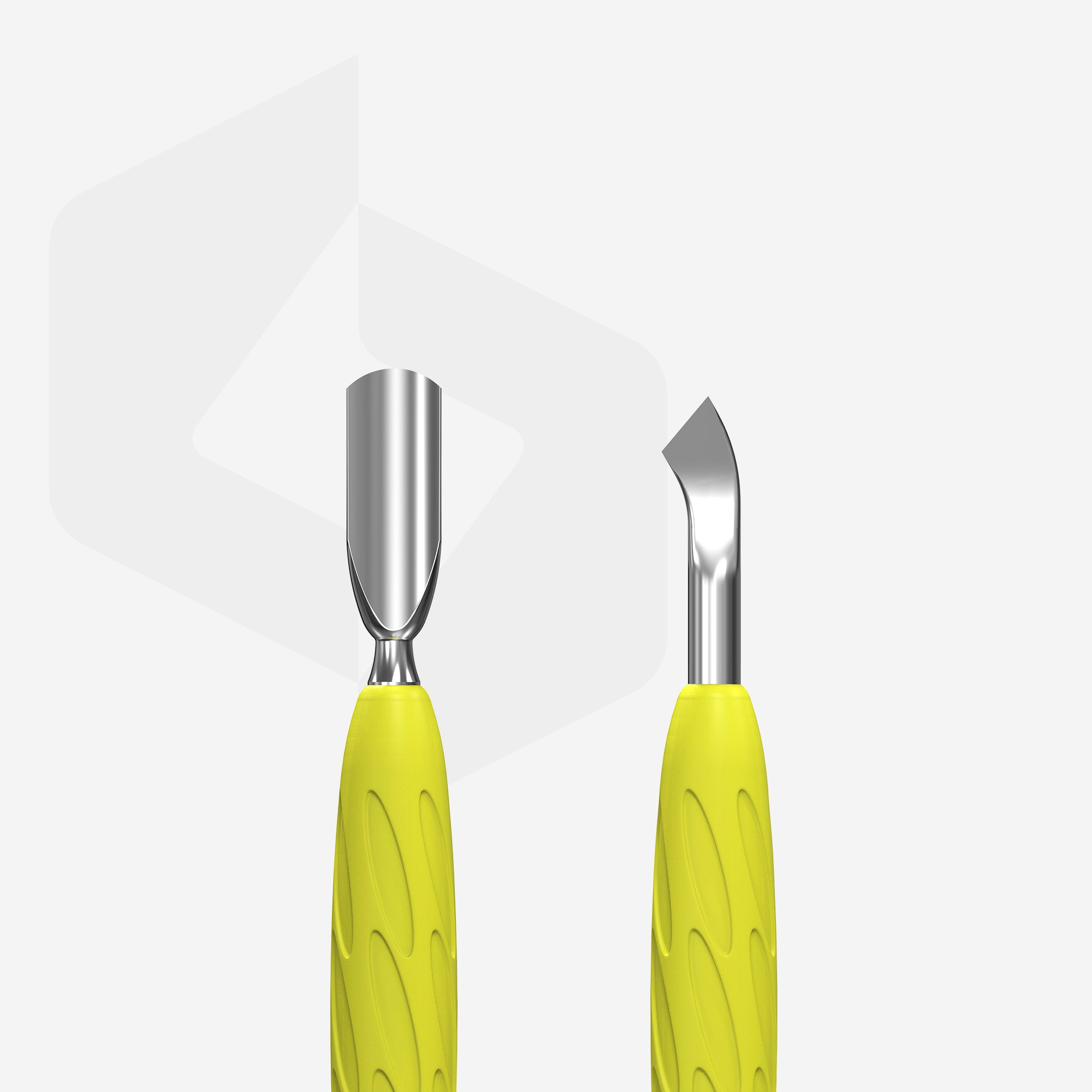 Manicure pusher Gummy with yellow silicone handle UNIQ 10 TYPE 4.2 (rounded narrow pusher and bent blade)