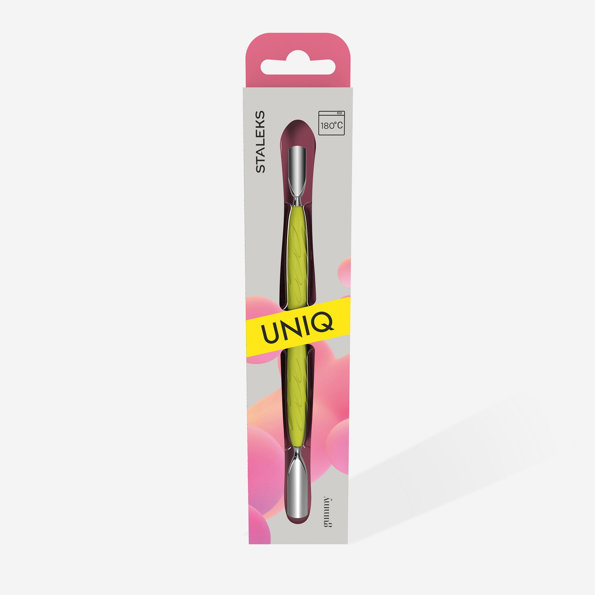 Manicure pusher Gummy with yellow silicone handle UNIQ 10 TYPE 1 (rounded wide and rounded narrow pusher)
