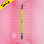 Manicure pusher Gummy with yellow silicone handle UNIQ 10 TYPE 2 (rounded narrow and beveled pusher)
