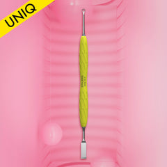 Manicure pusher Gummy with yellow silicone handle UNIQ 11 TYPE 1 (straight flat and loop pusher)