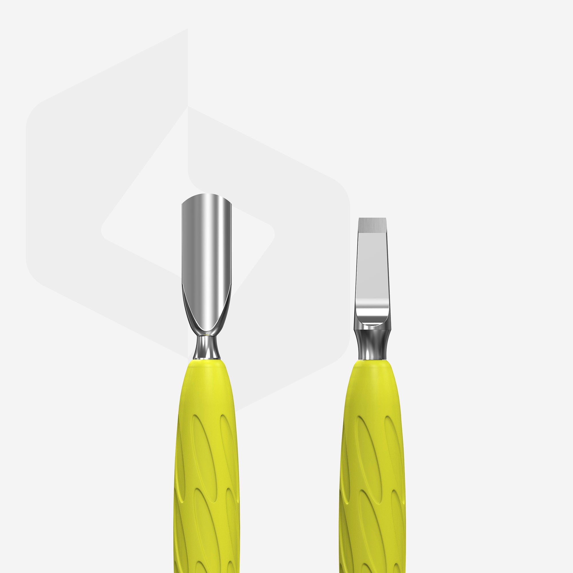 Manicure pusher Gummy with yellow silicone handle UNIQ 10 TYPE 5 (rounded narrow pusher and straight blade)