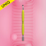 Manicure pusher Gummy with yellow silicone handle UNIQ 10 TYPE 4.2 (rounded narrow pusher and bent blade)